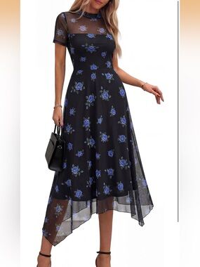#77 Pretty Garden Floral Mesh Midi Dress with Blue Rose Print